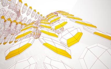 Abstract white interior highlights future with yellow geosphere. Polygon drawing. Architectural background. 3D illustration and rendering