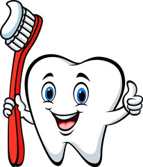Fototapeta premium Cartoon tooth holding a tooth brush giving thumb up