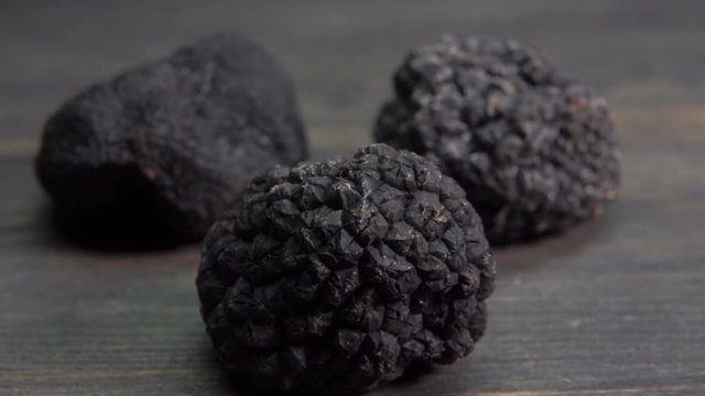 three tubers of rare black truffle laid on dark wooden surface