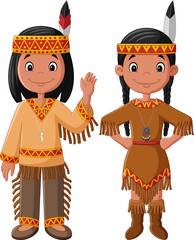 Cartoon couple native Indian American with traditional costume