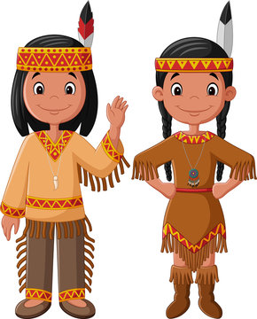 Cartoon couple native Indian American with traditional costume Stock Vector  | Adobe Stock