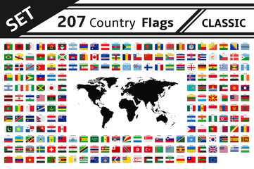 set 207 country flags and world map