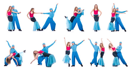 Pair of dancers dancing modern dance isolated on white