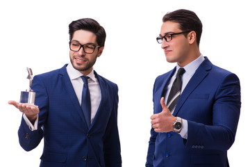 Businessman receiving award isolated on white