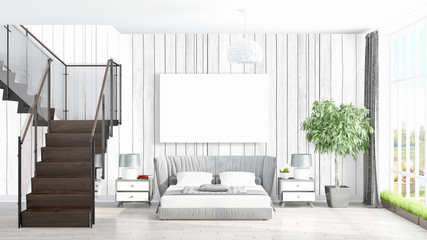 Modern bright interior with empty frame . 3D rendering