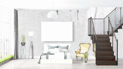 Modern bright interior with empty frame . 3D rendering