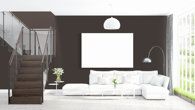 Modern bright interior with empty frame . 3D rendering