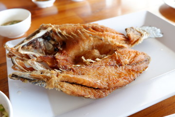 Fried fish on plate with sauce
