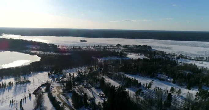 Lake bodom, Cinema 4k aerial flight above a golf course,and heading towards lake Bodom, on a sunny and snowy winter day, in Espoo, Finland