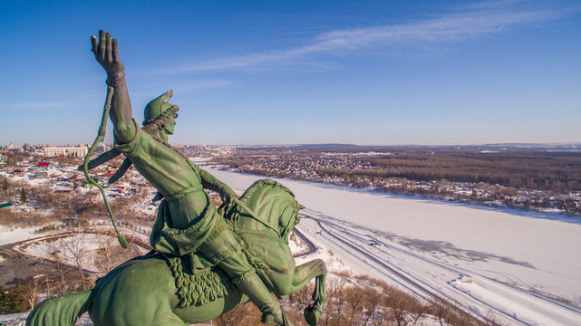 Monument to Salavat Yulaev in Ufa at winter aerial view