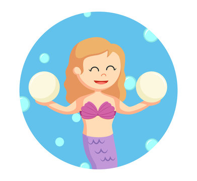 female mermaid holding two big pearl in circle background