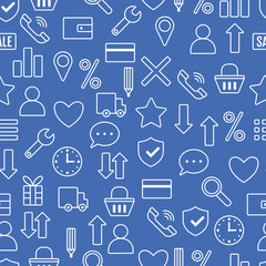 Icons e-Commerce. Flat linear objects, shopping symbols, elements for marketing. Seamless pattern