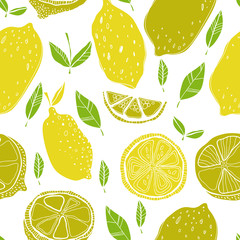 Seamless pattern with lemons with leaves, background of fruits. Vector illustration