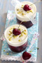 Cherry jelly with cream, pistachio and cherry on top dessert