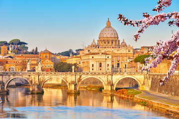 Fototapeta na wymiar View at Tiber and St. Peter's cathedral in Rome at spring