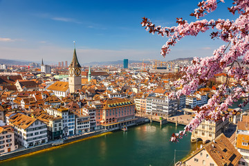 Downtown of Zurich at spring sunny day - obrazy, fototapety, plakaty