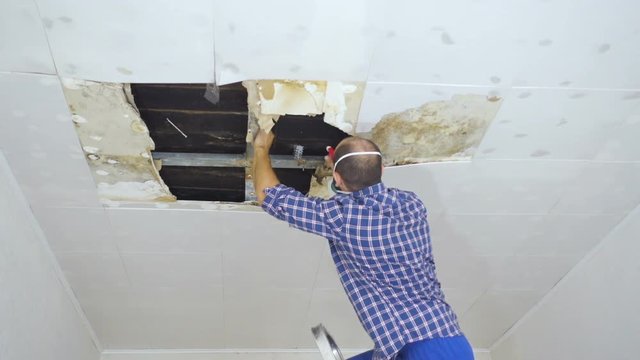 Man in respirator cleaning mold on ceiling.Ceiling panels damaged huge hole in roof from rainwater leakage.Water damaged ceiling .