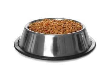 Bowl with dry food for animals on white background