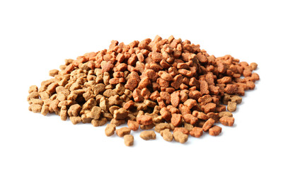 Pile of dry food for animals on white background