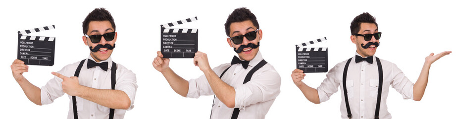 Funny with movie clapper isolated on white