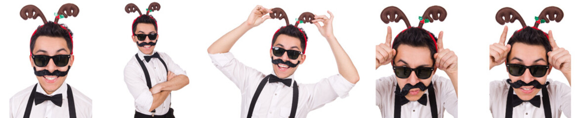 Funny whiskered man with horns isolated on white