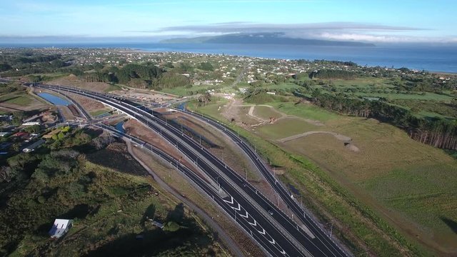 Aerial view of the Kapiti expressway with Kapiti Island in the background