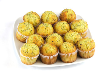 fresh baked small lemon muffins in white plate isolated on white background