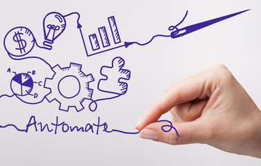Technology, internet, business and marketing. Young business woman writing word: Automate