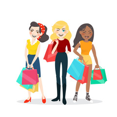 Cartoon Woman Group With Shopping Bag