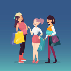 Cartoon Woman Group With Shopping Bag