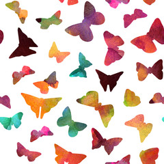 Seamless print with many watercolor butterflies on white