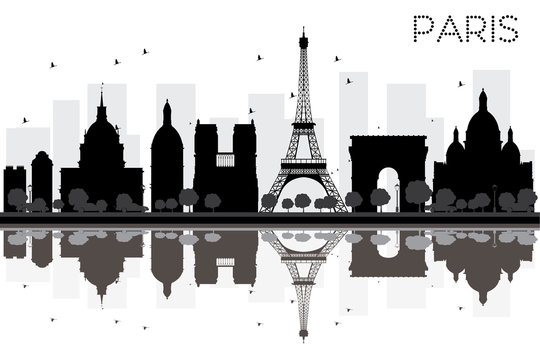 Paris City Skyline Black And White Silhouette With Reflections.