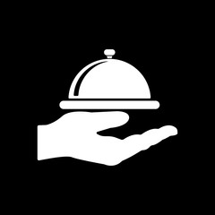 Tray in hand icon. Restaurant, service, banquet, lunch symbol. Flat design. Stock - Vector illustration