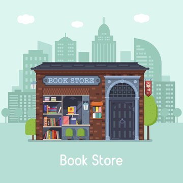 Old public book shop building facade on modern city background. Authentic bookstore banner for website and internet. Classic Europe antiquarian bookshop concept vector illustration.