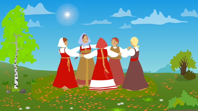 Russian girls in traditional clothes dance in the meadow. A set of cartoon characters. Summer, round dance. National traditions, history, legends and epic. Thematic collection for design. Vector EPS10
