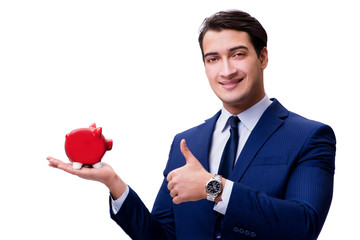 Handsome man with piggybank isolated on white