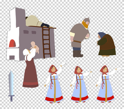 Russian warrior and his family: the bride, mother, wife, sister, child. A set of cartoon characters. National traditions, history, legends and epic. Thematic collection for design. Vector EPS10.
