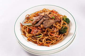 stir-fried noodles with foie gras and bacon, mushroom