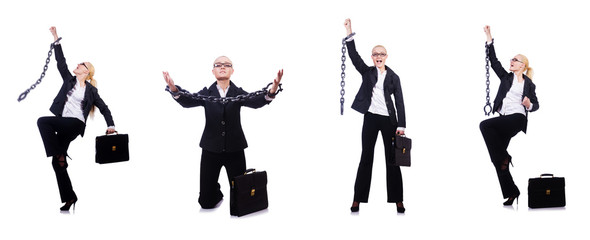 Businesswoman with chain isolated on the white