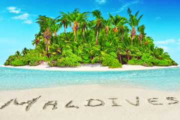 Fototapeta na wymiar Whole tropical island within atoll in tropical Ocean and inscription 