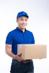 Delivery Person. Asian postman with parcel box. Postal delivery service. White Background.