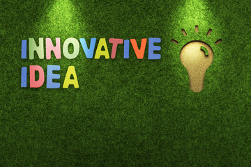 Colorful text of &ldquo;Innovative idea&rdquo; with green grass background