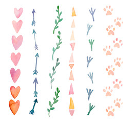Fresh and bright watercolor design elements: hearts, arrows, traces. Set of hand drawn abstract colorful objects
