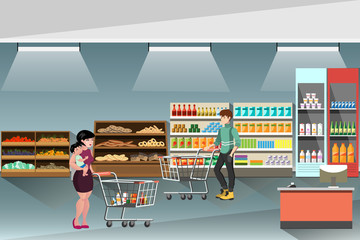 Supermarket, with people shopping and buying products on shelves