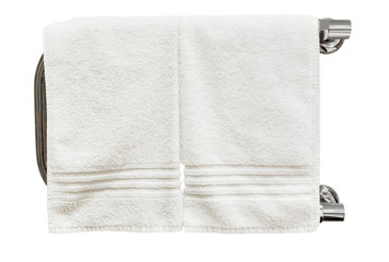 clean towels drying on the heated towel rail isolated on white background
