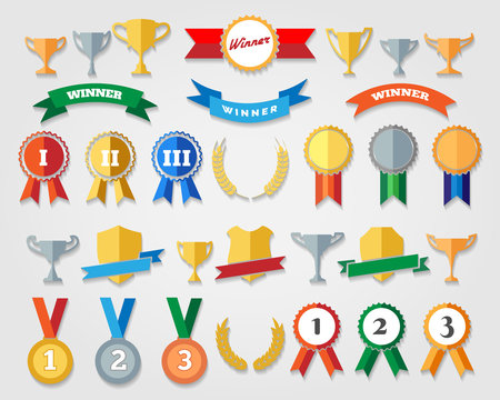 Flat trophy cup and award icons vector illustration. Winning, success and prize signs isolated with shadows