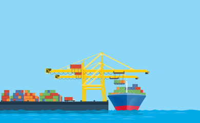 flat vector business shopping and logistics concept.international transport.with cargo shop in Shipping dock
