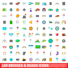 100 bridges and roads icons set, cartoon style