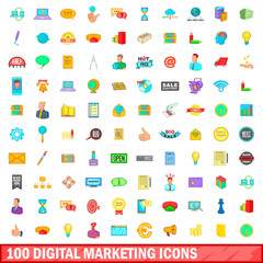 100 digital marketing icons set, cartoon style