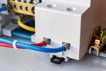 Connect electrical socket on the DIN rail closeup